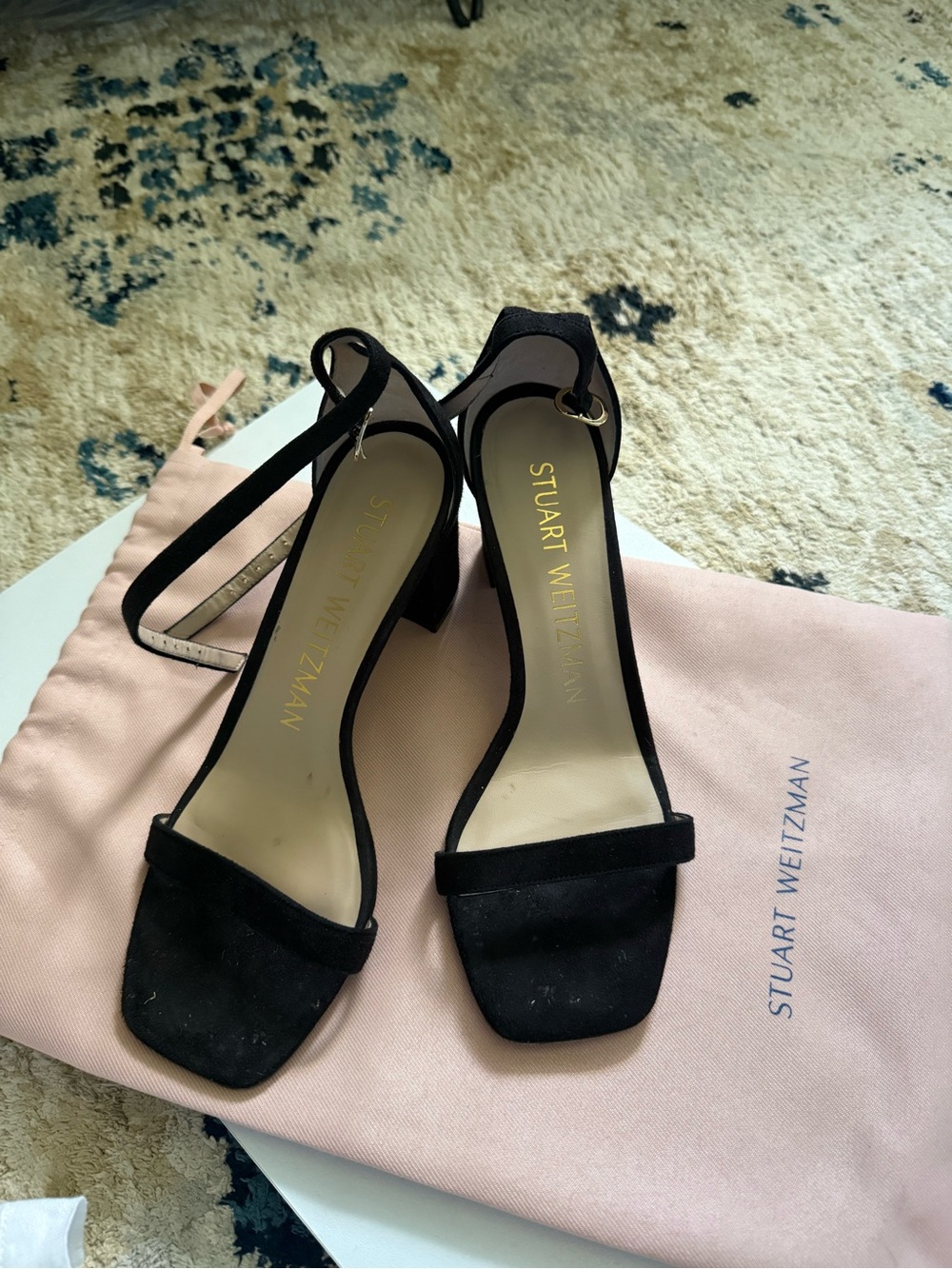 Stuart Weitzman Black Suede Ankle-Strap Block Heels